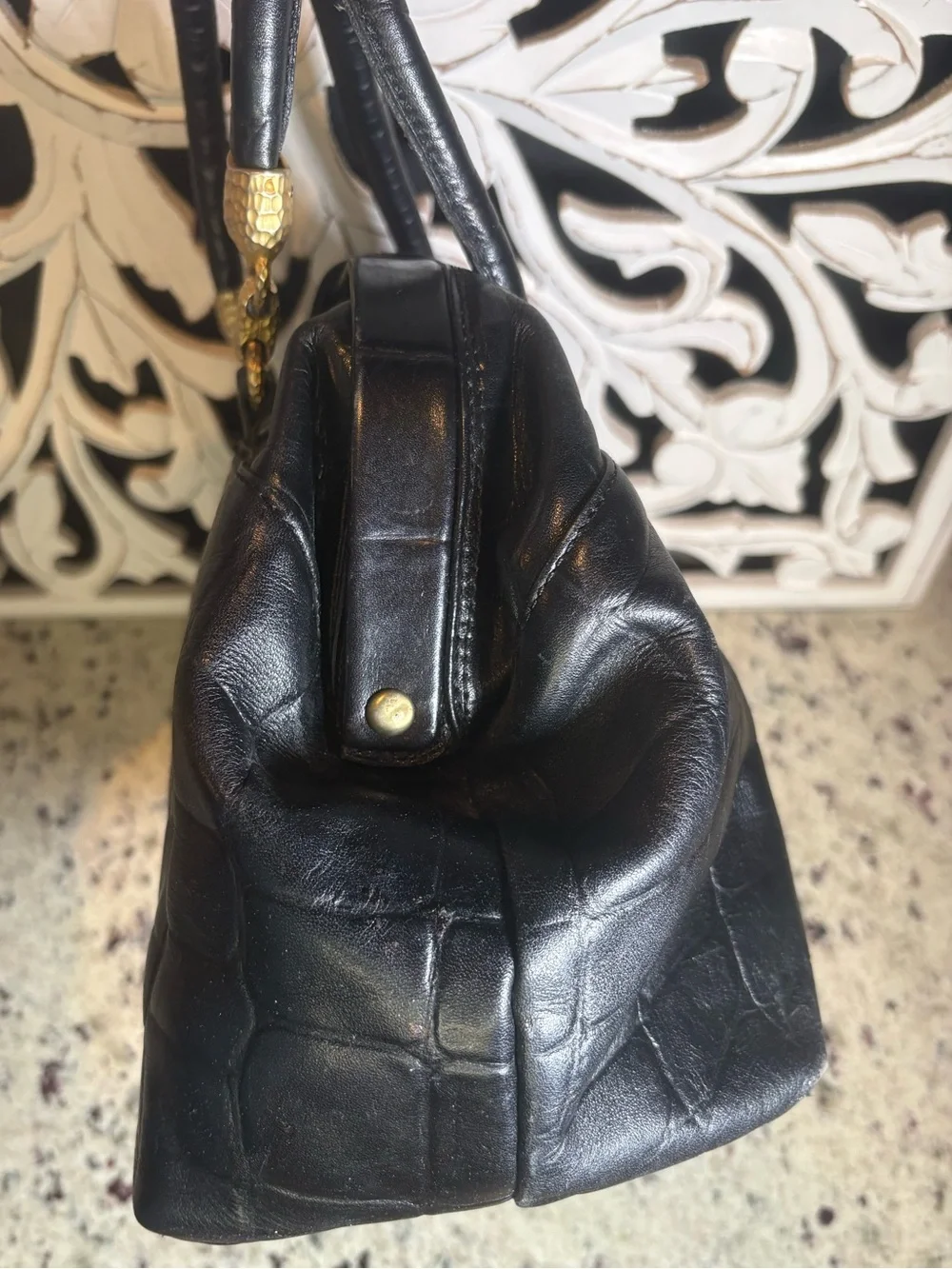 Peruzzi VTG Black Croc-Embossed Leather Satchel Handbag Made in Florence Italy
